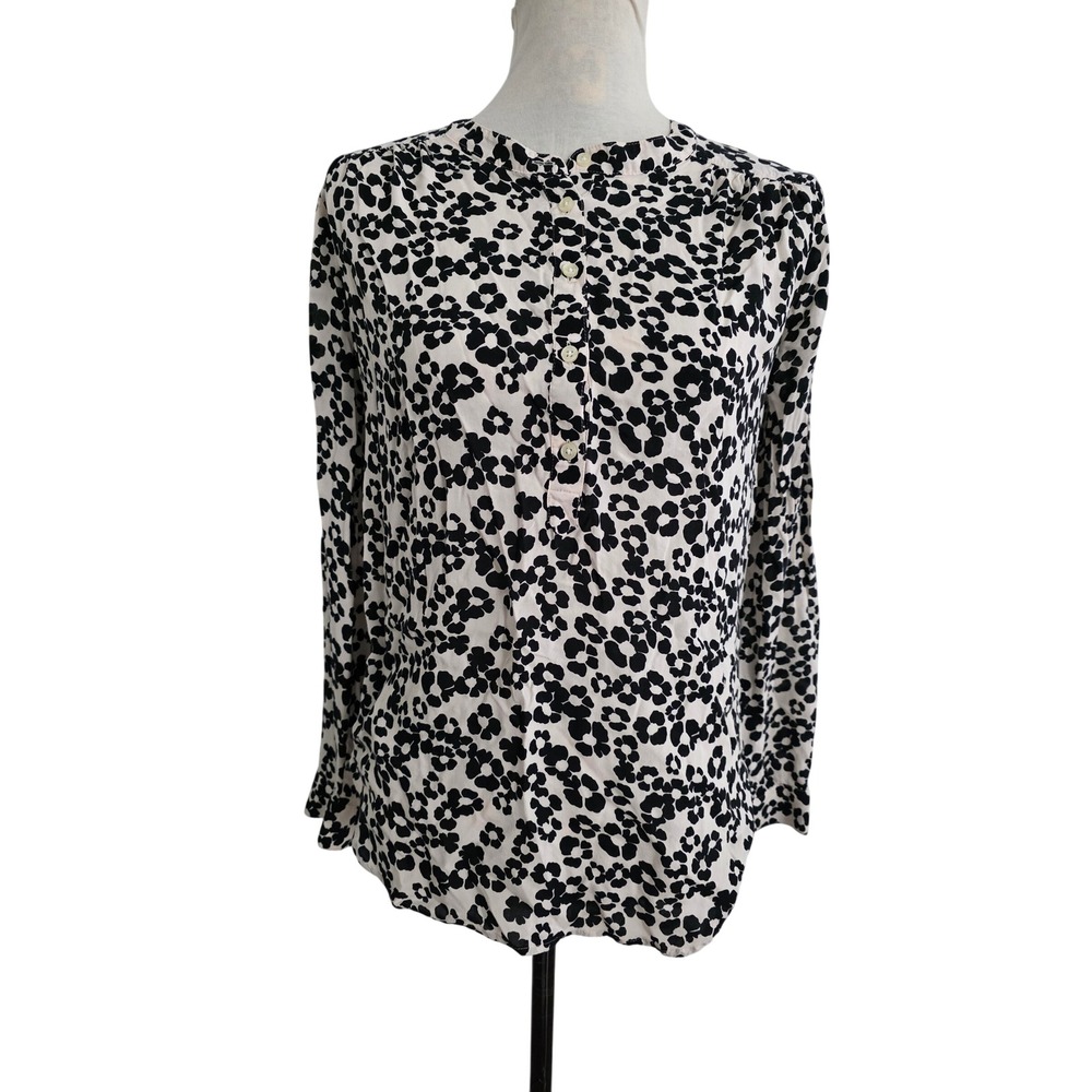 Ann Taylor LOFT Womens Small Black White Floral Rayon Long Sleeve Blouse Top